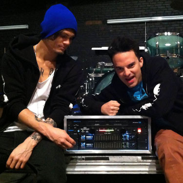 Ian Longwell (left) and Ray Brady rely on the Metric Halo 2882 interface to deliver their sound to monitors and FOH during Santigold’s live performances. Longwell Brady 375